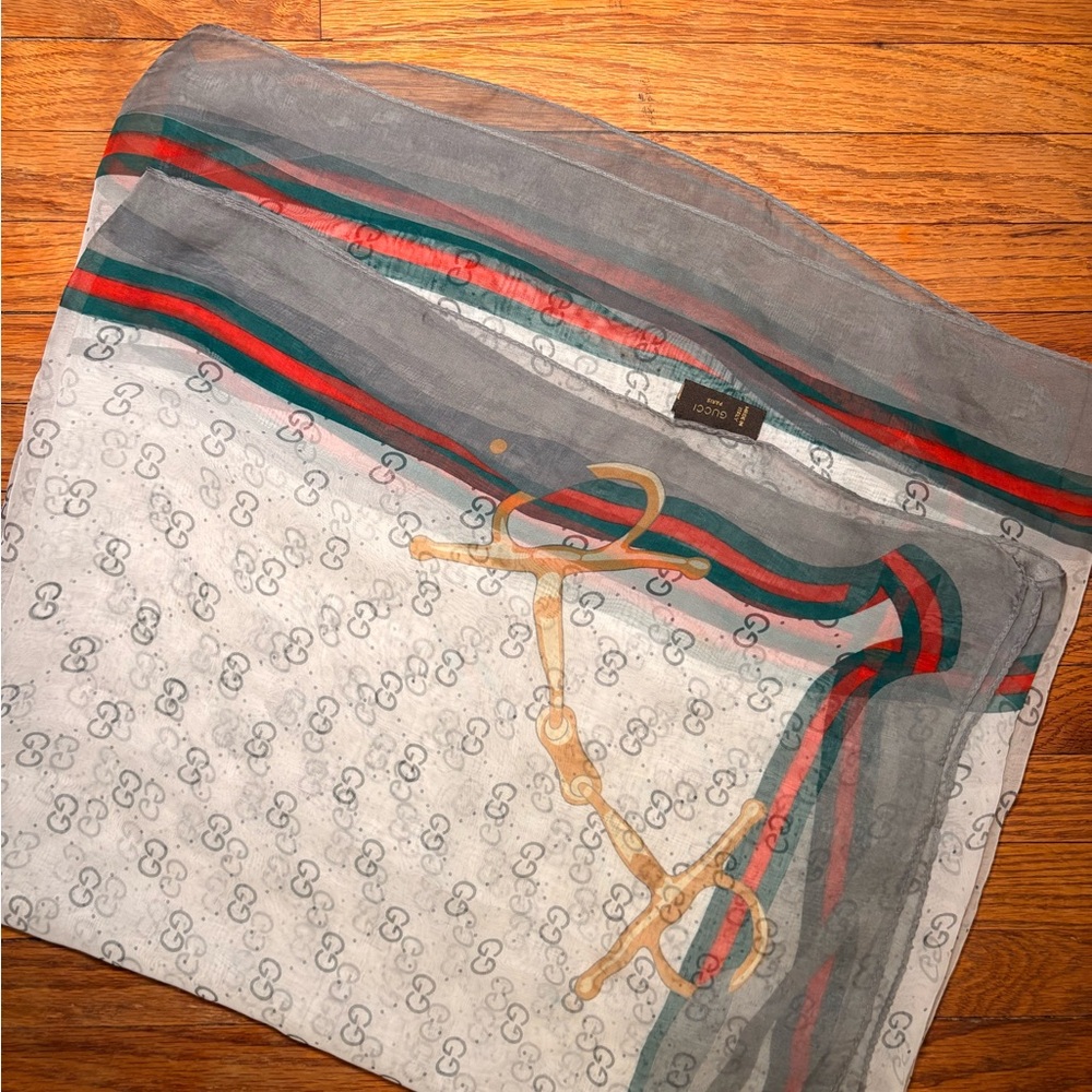 Silk Scarf with Red & Green Web Stripe and Gold Motif